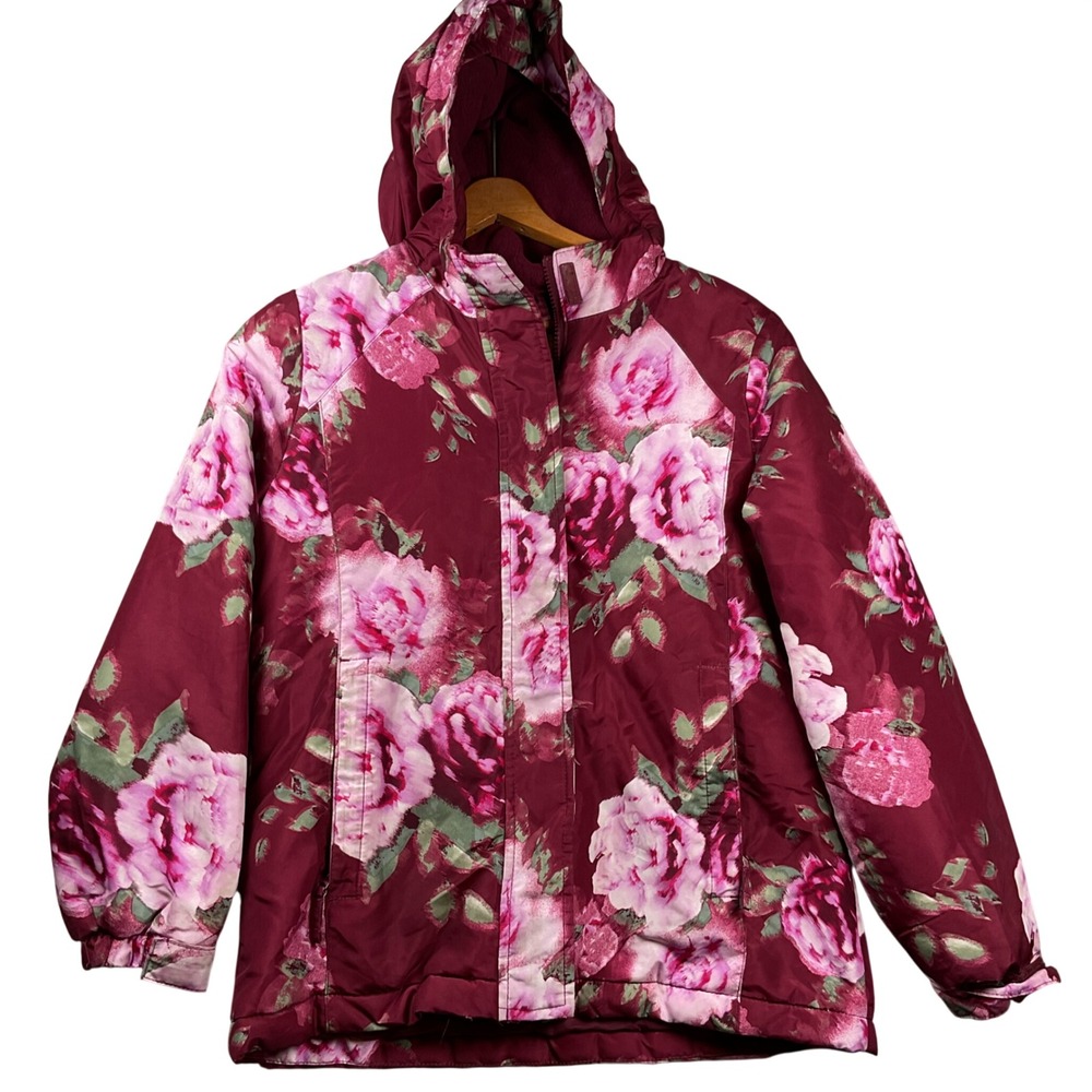 The Childrens Place Puffer Jacket Girls Size 10/12 Burgundy Pink Floral Hooded